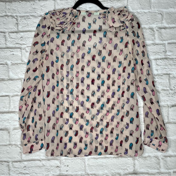 Karlie Owl Print Sheer Blouse Women’s S Pink Long Sleeve V-Neck Flutter Shoulder - Picture 6 of 8